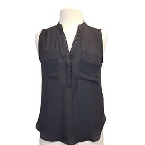 H&M Sheer Black V-neck Sleeveless High Low Top with Pockets Sz 8